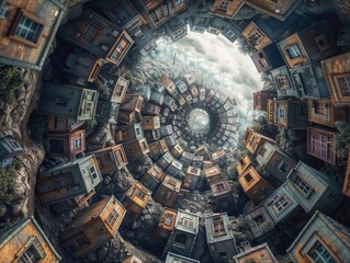 Fototapeta premium Surreal Spiral of Colorful Houses Forming an Abstract Vortex Against Cloudy Sky