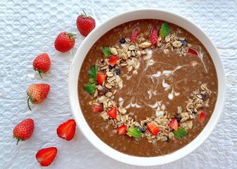 Chocolate smoothie bowl, made from raw cacao and banana and oat milk topped with cacao nibs, toasted shredded coconut, goji berry and match granola, chia and flax seeds