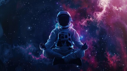 A cosmic meditation of an astronaut sitting in the lotus position in the middle of dark space. Spiritual esoteric mood
