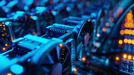 A high-tech server room with advanced hardware and blue LED lights depicting data processing and networking