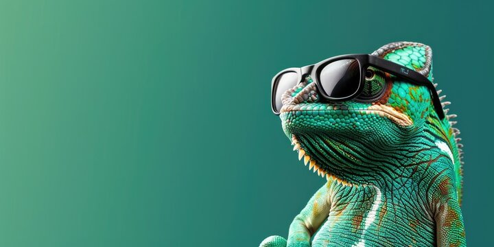 A cool Chameleon wearing sunglasses on a green backdrop, attention-grabbing style sales and marketing banner for corporate and business