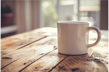 A basic ceramic mug sits on a light wood table in a simple photo