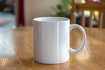 Fototapeta premium A simple photograph of a plain ceramic mug on a light wood table