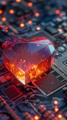 Heart shaped electronic platform computer cube core chip on circuit board background, 3D render