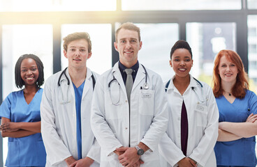 Leader, portrait and medical group in hospital for diversity, about us or clinic service. Face,...