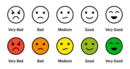 Feedback rating emoji icon set. Rating emoji icon set. Very bad, bad, medium, good, very good and face expression feedback smile Emoji icon set with different color.