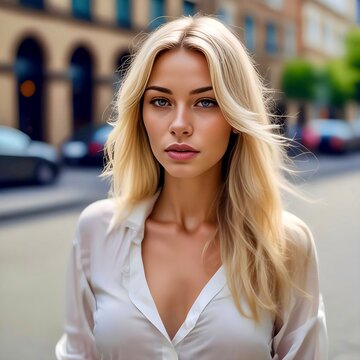 Chic blonde top model with delightful makeup and very beautiful figure poses in front of the camera.