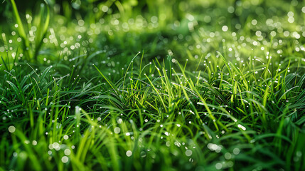 Fototapeta premium Close-Up of Morning Dew on Lush Green Grass, Symbolizing New Beginnings and Fresh Starts