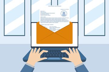 The concept of a letter containing a job application, job application email, job vacancy, how to apply for a job, this design is suitable for brochures, posters or banners. flat vector illustration.