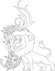 Lion and A Floral Vine Coloring Page. Printable Coloring Worksheet for Adults and Kids. Educational Resources for School and Preschool.