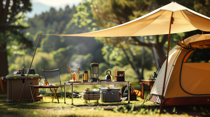 Serene camping setup in a lush forest with mountains in the background - Powered by Adobe