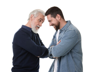 Happy son and his dad on white background