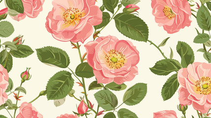 Botanical seamless pattern with pink dog roses green