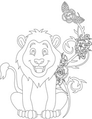 Lion and A Floral Vine Coloring Page. Printable Coloring Worksheet for Adults and Kids. Educational Resources for School and Preschool.