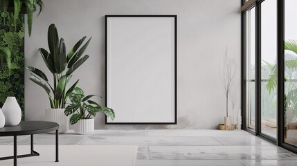 A Large Poster Frame Mockup hang on the white wall in modern living room natural light pass through the window decor with green plant