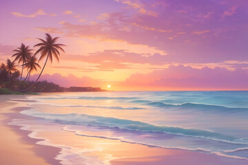 Fototapeta na wymiar erene Beach Sunset Waves, Palms, and Colorful Sky