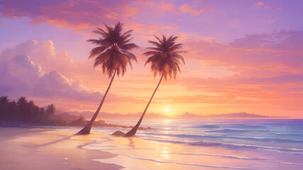 Fototapeta na wymiar erene Beach Sunset Waves, Palms, and Colorful Sky