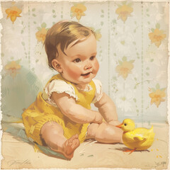 Vintage style, highly detailed, plastic modern 90s realistic illustration of an adorable baby in a yellow dress with white ruffles playing next to her duck toy and surrounded by daffodils.