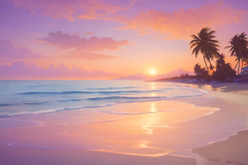 erene Beach Sunset Waves, Palms, and Colorful Sky