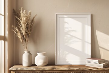 Light wooden frame mockup poster on the wooden table with vase and plant decoration. beige wall lit by sunlight