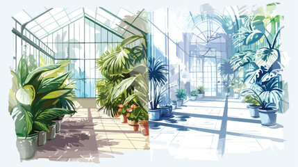 Four of sketches of large greenhouses full of tropical