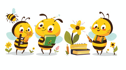 Four of smiling cute cartoon bee character isolated