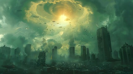 A fleet of UFOs descends upon a modern city under a stormy, green-tinged sky, creating a dramatic and apocalyptic scene.