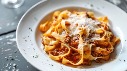 Fototapeta premium A delicious ready-to-eat dish, Tagliatelle al ragù alla Bolognese