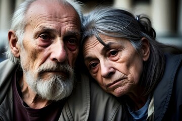  a  senior homeless man woman couple, poor, dirty, houseless, street life, drug addict, alcoholic, destitute, vagrant, poverty, ragged, neglected, abandoned, needy, wandering, struggling, aged, weary