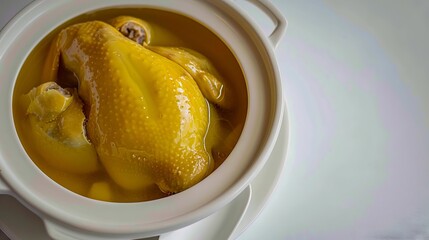 A chicken in a bowl of soup.