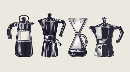 Four of tools for coffee brewing in black and white c