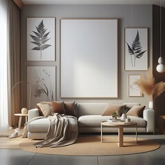 A living Room with a mockup poster empty white and with a couch and a table art image attractive has illustrative lively.