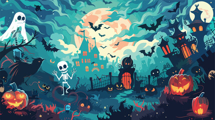 Bundle of Halloween scenes with funny and spooky cart