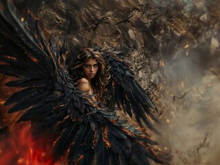 Fantasy Angel with Black Wings in Fiery Apocalyptic Setting