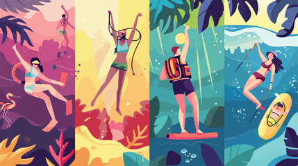 Four of vacation activities or scenes - people hiking