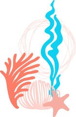 Universal abstract composition of flat isolated bionic elements (representatives of the underwater world) on a marine theme on a transparent background. Digital illustration