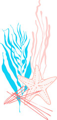 Universal abstract composition of flat isolated bionic elements (representatives of the underwater world) on a marine theme on a transparent background. Digital illustration