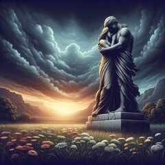 Fototapeta premium Old stone statue of two lovers, landscape field under a stormy sky, wuthering heights romantic story, austere romanticism