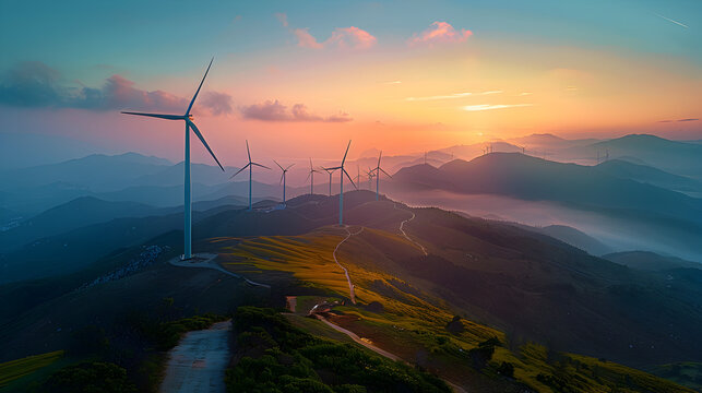 Wind farm on the top of a mountain in harmony with nature, ecology and green energy concept, renewable energy concept eco