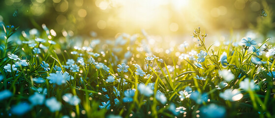 Dewy Morning in a Lush Green Meadow, Bright Wildflowers Peeking Through, Fresh Spring Scene