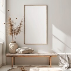 A Poster Frame Mockup hang on the white wall in minimalist room with vase and pillow