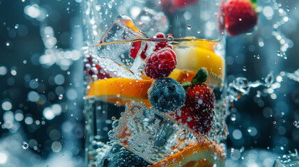 Frozen glass with floating fruits, berries and water, splash of ice cubes, hot summer refreshing drink. Generative AI