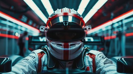 A F1 driver inside his car with the helmet and the competition suit prepared for the race