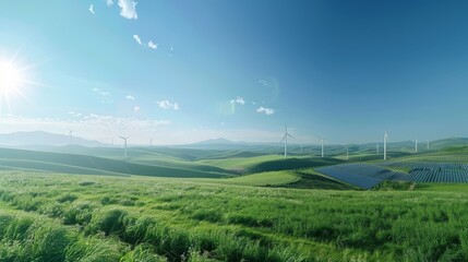 Fototapeta premium A vast landscape showcasing a harmony between renewable solar and wind energy with lush greenery under a clear sky