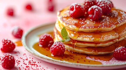 Pancakes with raspberries and syrup on a plate.