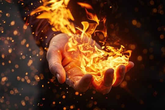 A flame of fire comes out of a mans hand