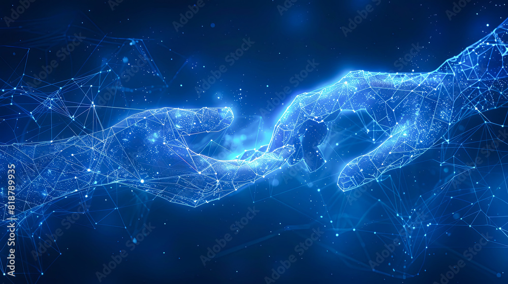Poster abstract polygonal wireframe hand holding each other with digital connection lines and dots on dark 