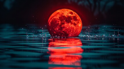 A red moon is floating in the water.