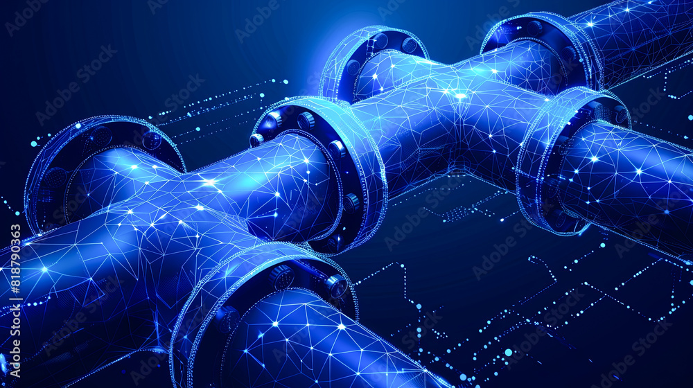 Poster 3d rendering of a pipeline with connecting dots and lines in blue color