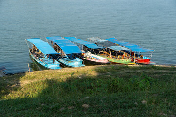 Kraeg Krachen National Park headquarters view to boats on the lake to Monkey Island.